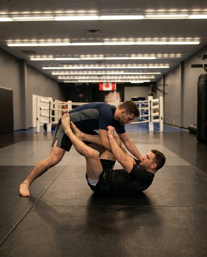 Two adults drilling a grappling technique on the mats