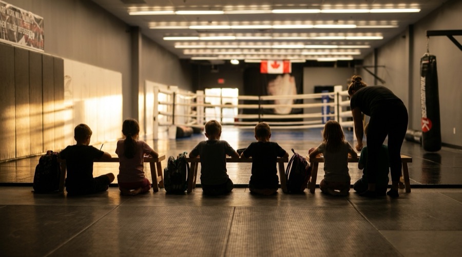 Children doing homework at the edge of the mats after school