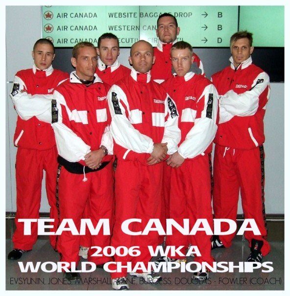 Team Canada at the 2006 WKA World Championships in red-and-white uniforms; our head instructor is second from left, listed as JONES in the team caption.